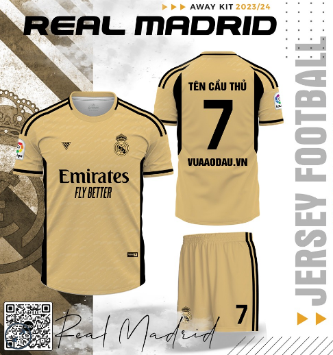 Áo Câu Lạc Bộ Real Madrid 2023/2024 Sân Khách Màu Vàng Đồng