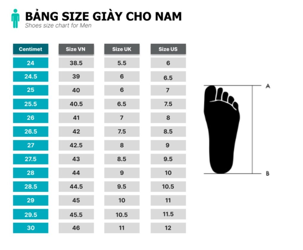Bảng size giày bóng đá phổ biến cho nam mà bạn có thể tham khảo